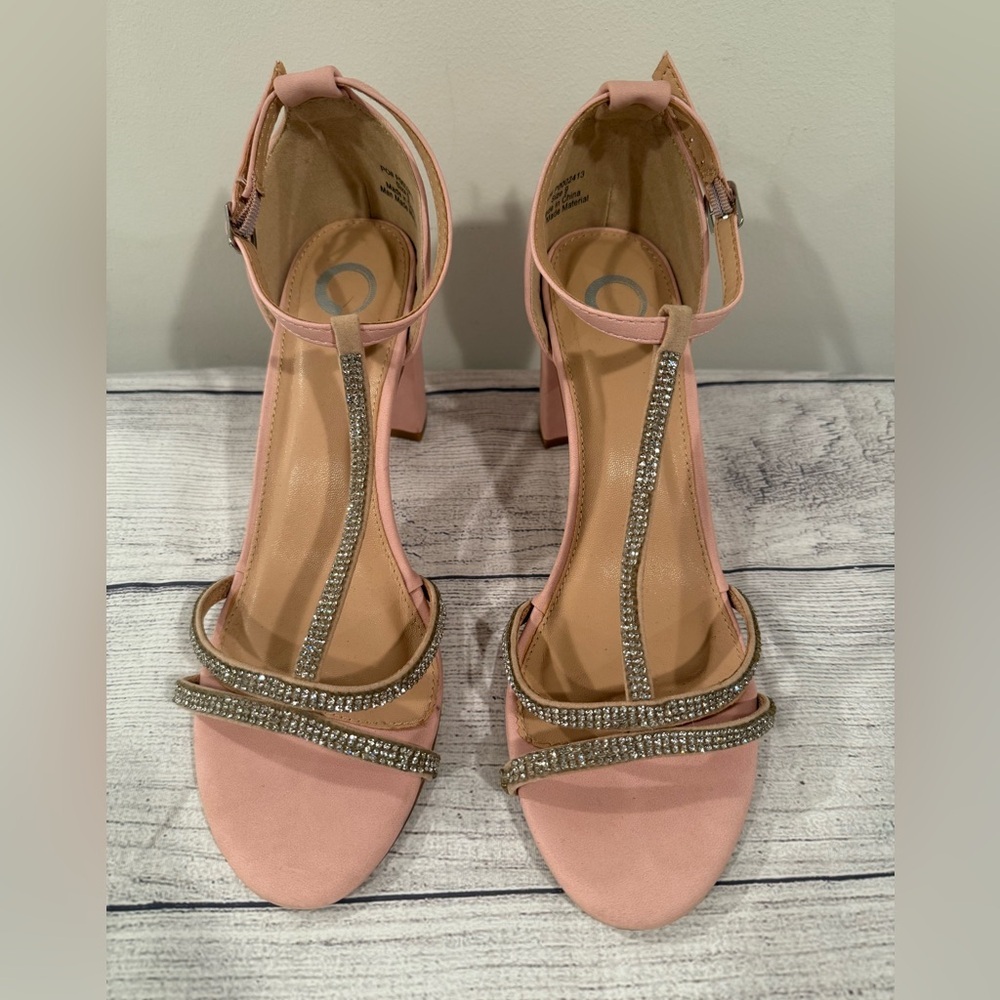 Blush Pink T-Strap Rhinestone Block Heel Sandals